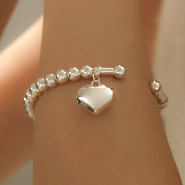925 Silver Puffy Love Charm Beaded Cuff Bracelet