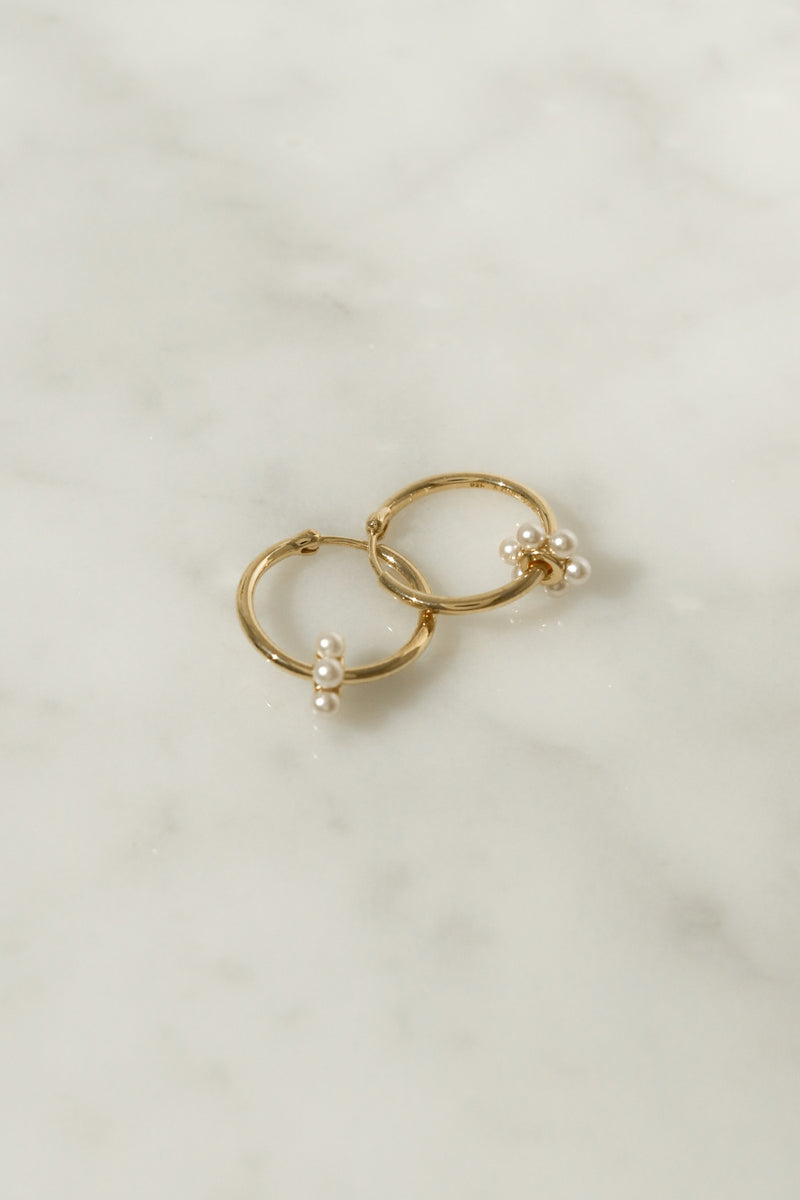 925 Silver Pearly Bloom Hoop Earrings, 14K Yellow Gold Vermeil