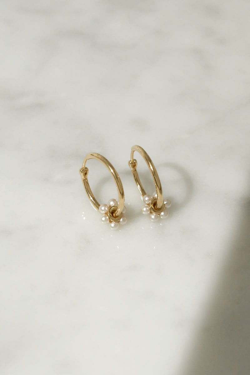 925 Silver Pearly Bloom Hoop Earrings, 14K Yellow Gold Vermeil