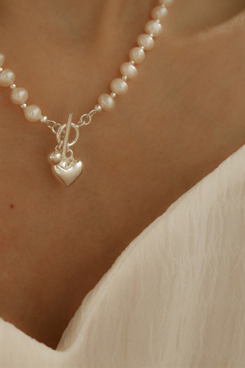 925 Silver Puffy Love Pearly Necklace