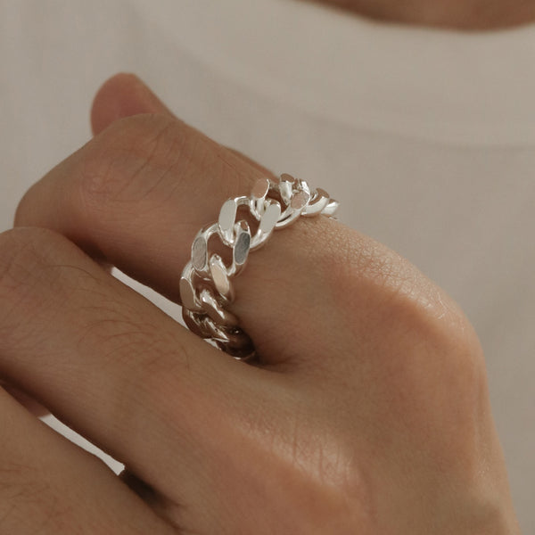 925 Silver Cuban Link Chain Ring <br><font>Size 19•23•26•28</font>