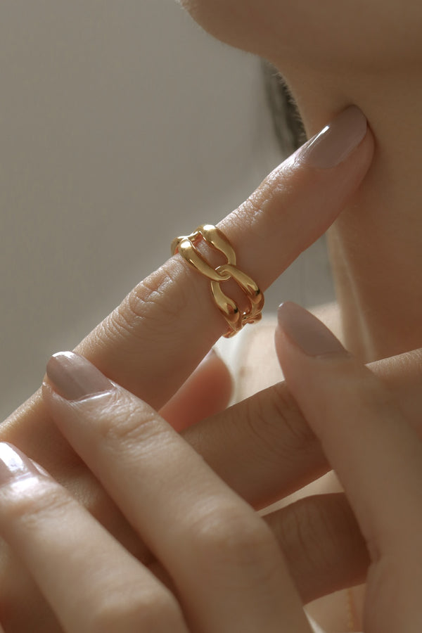 925 Silver Chain Link Open Ring, 18K Yellow Gold Plating <br><font>Free Size 12-14</font><br>