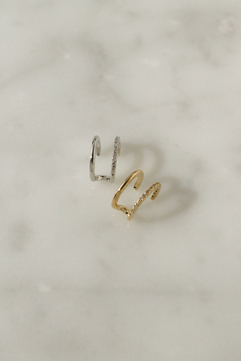 925 Silver Sparkly Duo Ear Cuff, 14K Yellow Gold Plating